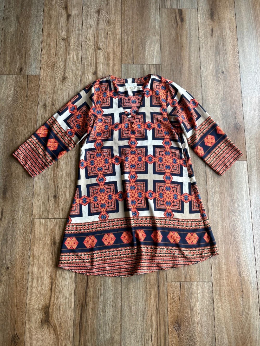 SUGAR+LIPS 3/4 Sleeve Navy/Cream/Orange Loose Fitting Lightweight Dress Size XS